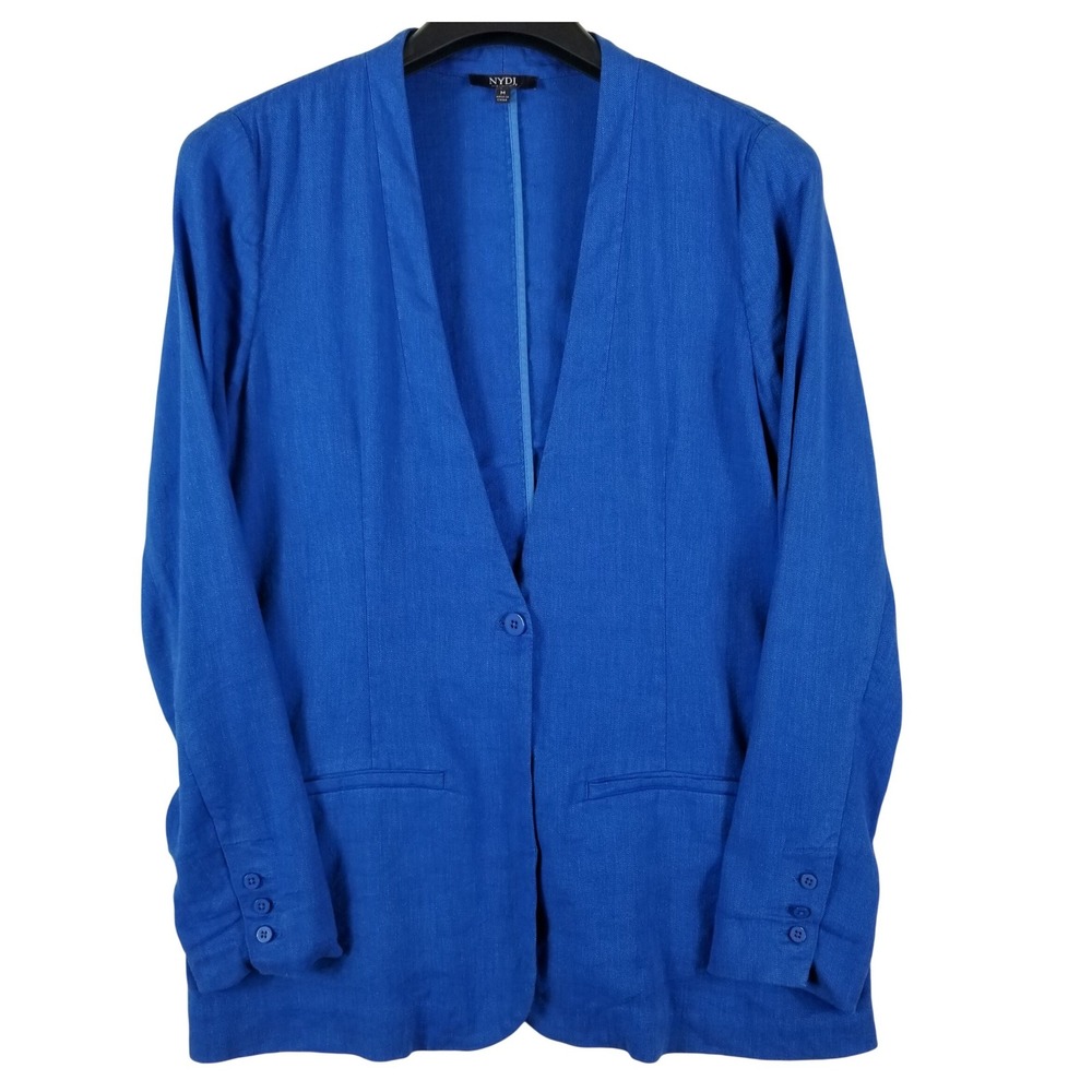 NYDJ Blazer Women Medium Blue Linen‎ Blend Single Button Professional